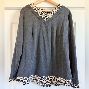 Gray V-Neck Leopard Trim Women's Top